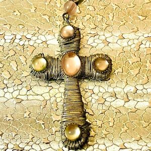 VTG Crucifix Cross pendant wrapped Aluminum Metal - Hand Made Art Stone Sz 2.5 “